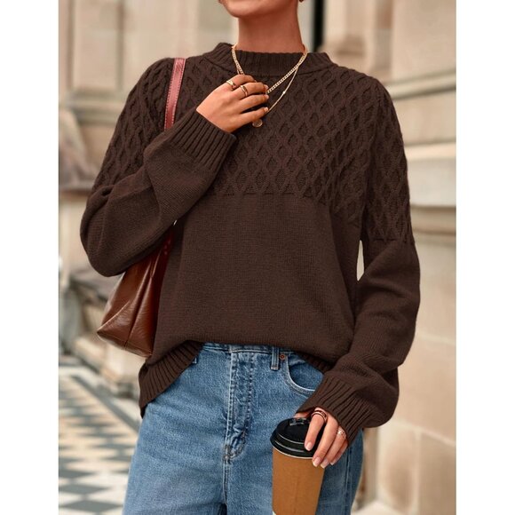 Women Oversized Cable Knit Sweater Chunky Long Sleeve Crewneck Winter Top - Picture 6 of 8